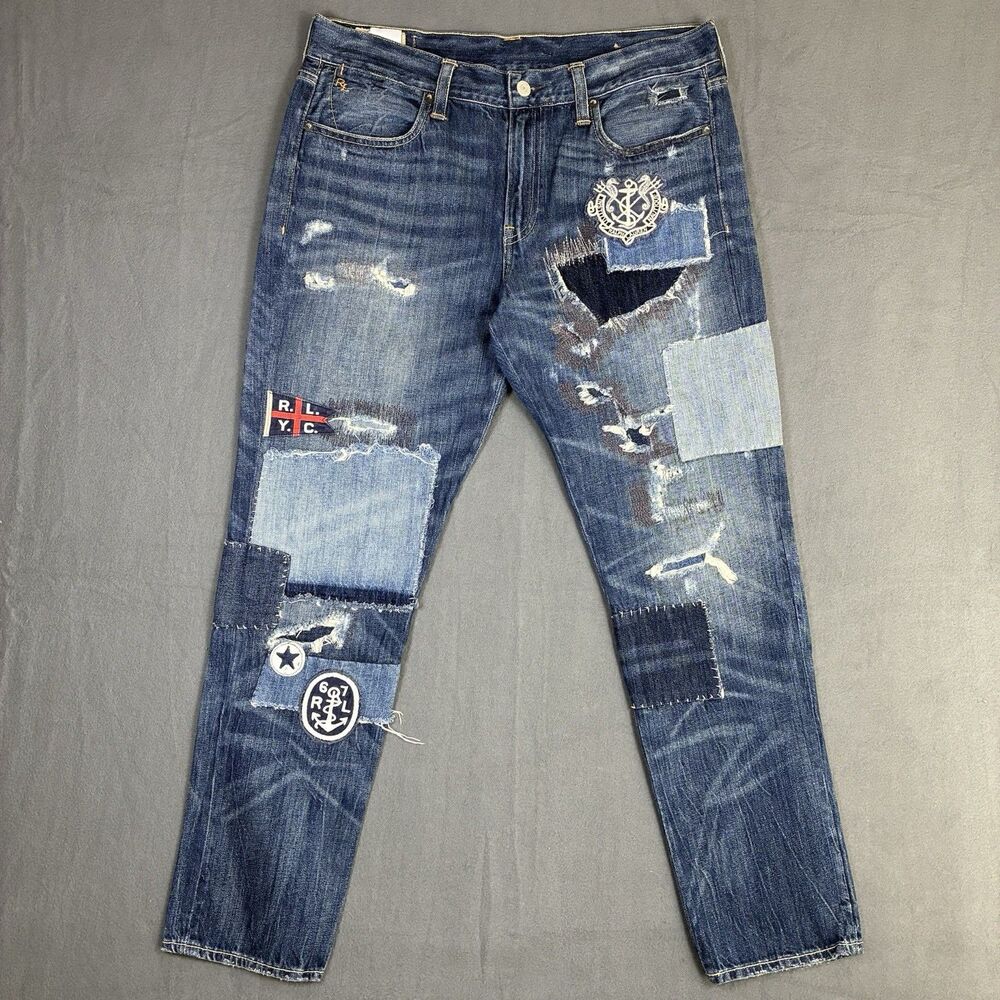 Polo Ralph Lauren Blue Aster Slim Boyfriend Jeans 32x30 Patched Distressed Fade
